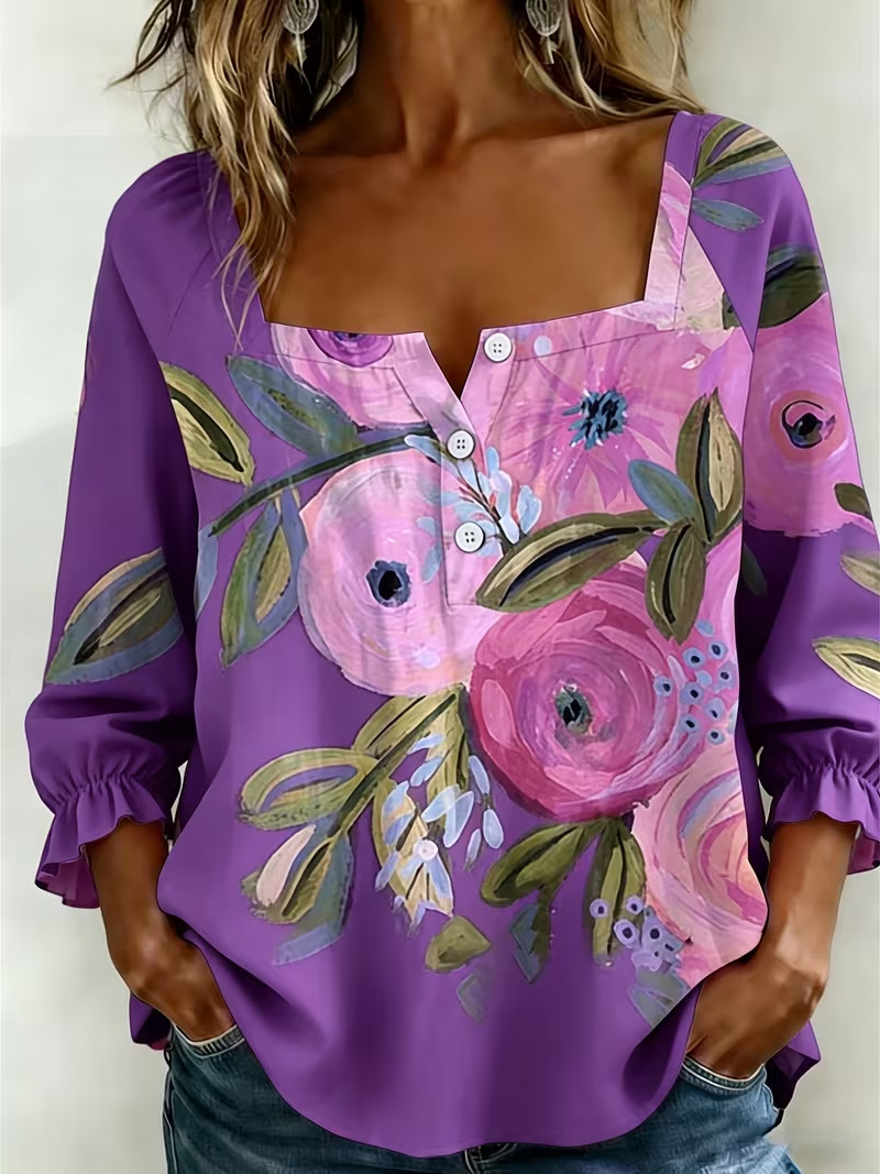 Women's Elegant Floral Print Button-Front Long-Sleeve Blouse