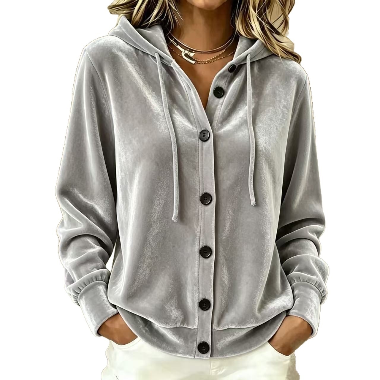 Women's Solid Velvet Button Hooded Cardigan Long Sleeve