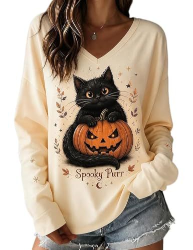 Halloween Graphic V-Neck Long-Sleeve T-Shirt for Women
