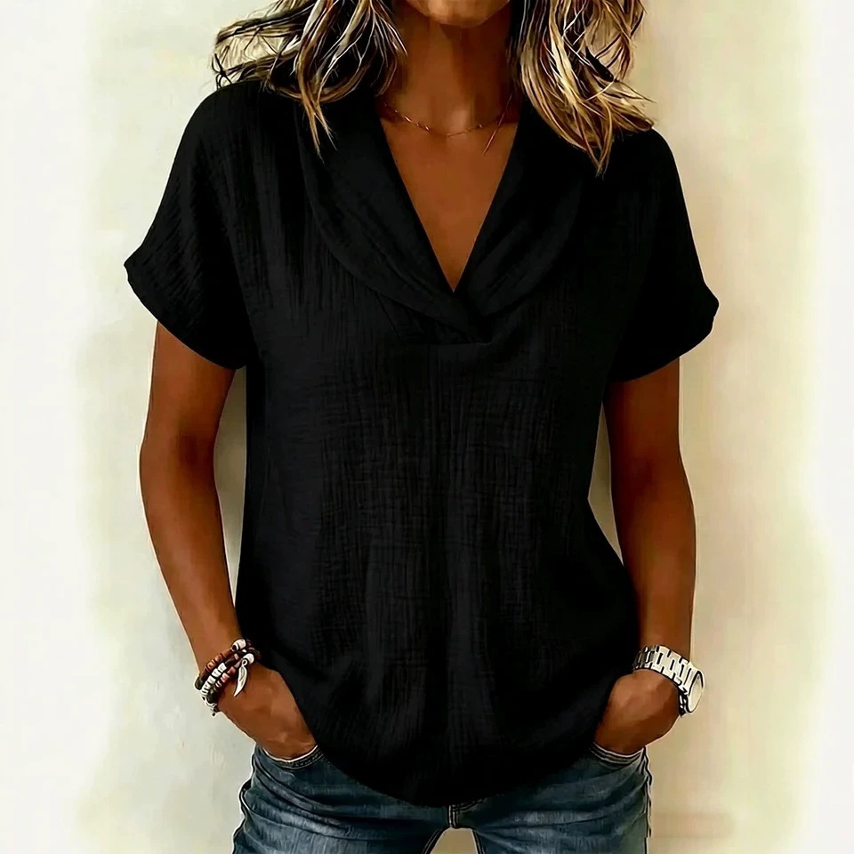 Women's Summer Short Sleeve Crepe V-Neck Casual T-Shirt