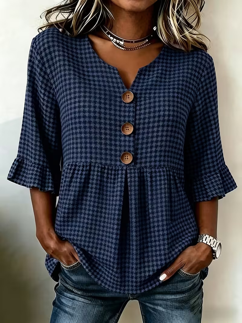 Women's Summer Plaid Print Rolled Sleeve Button Top