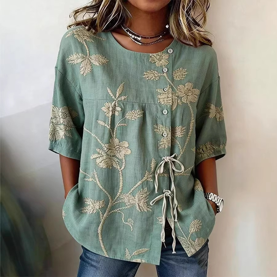 Women's Casual Digital Print Tie-Front Shirt Short Sleeve