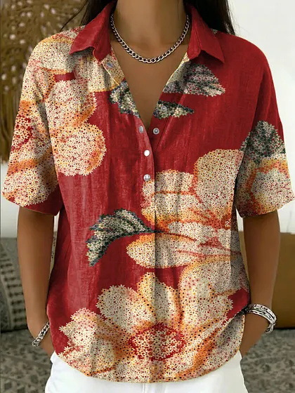 Women's Solid Print Short Sleeve Button-Front Shirt