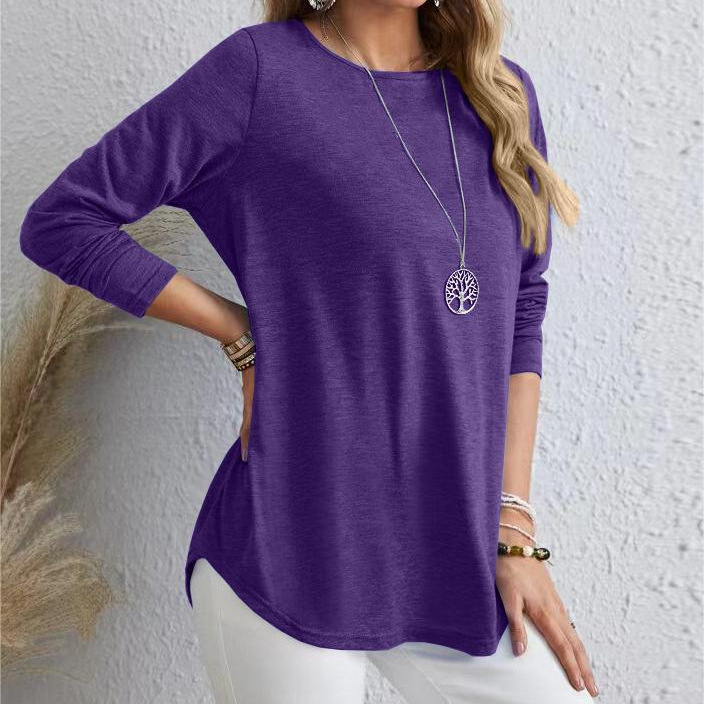 Women's Curved Hem Button Long Sleeve T-Shirt