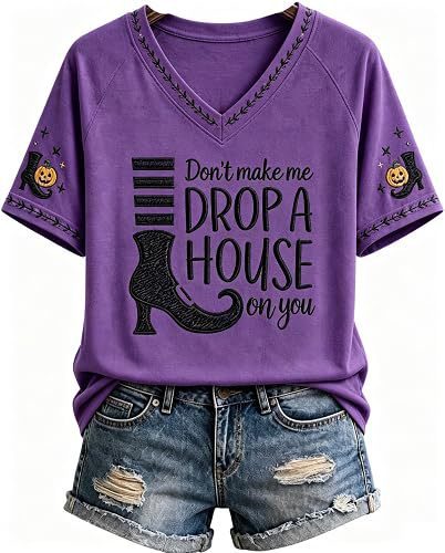 Letter Wizard Print Short Sleeve V-Neck Women's Top