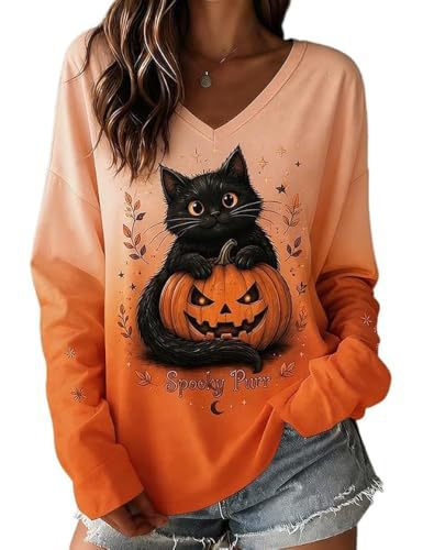 Halloween Graphic V-Neck Long-Sleeve T-Shirt for Women