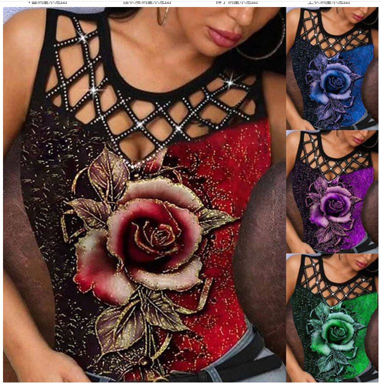 Rose Cutout Sleeveless Women's T-Shirt Top