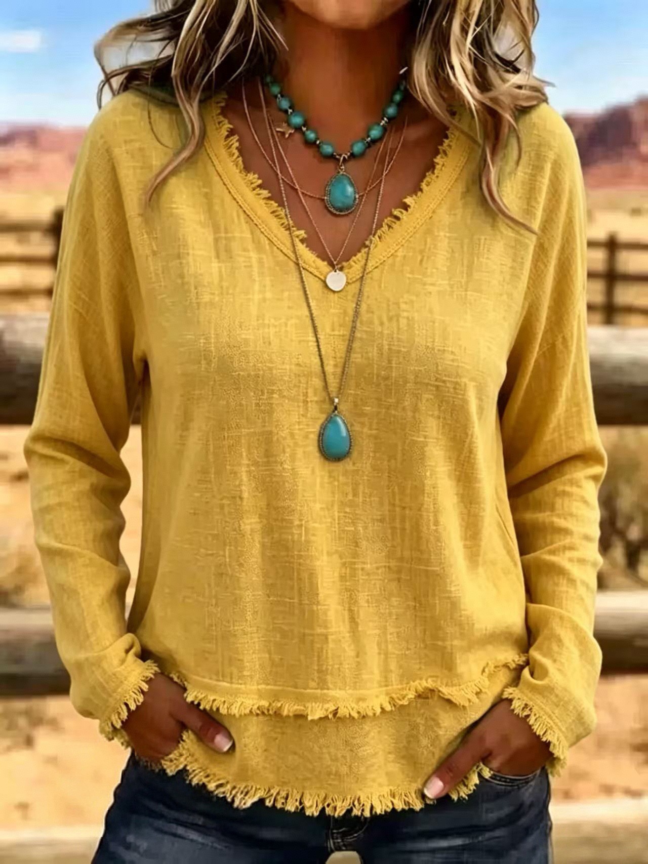 Women's Loose V-Neck Fringe Long-Sleeve Solid Color Casual T-Shirt