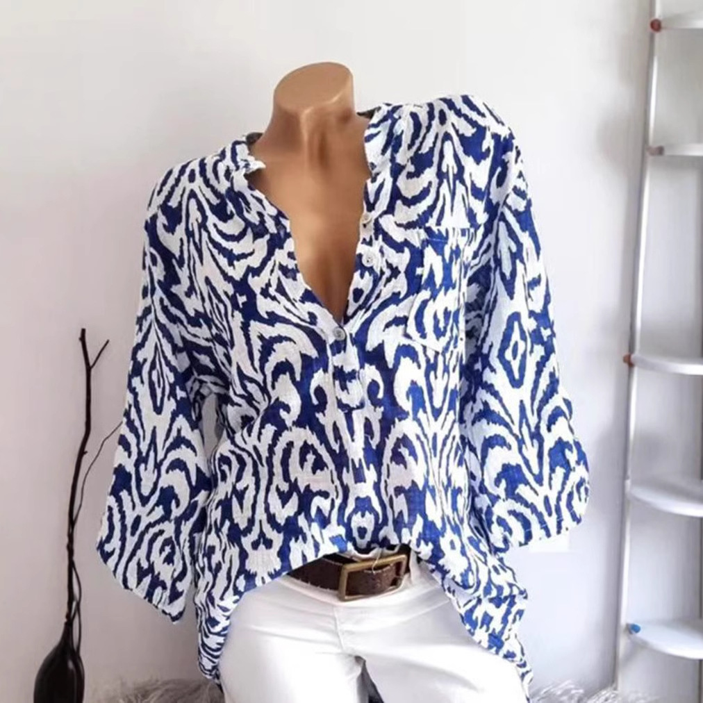 Women's Summer Printed Half-Sleeve Shirt Casual Button-Down