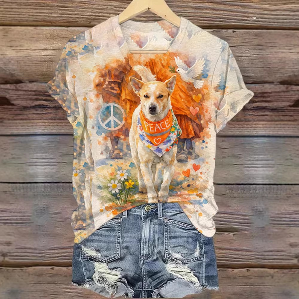 Summer Monk Light Dog Peace Print Short Sleeve Top