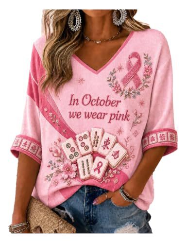 Ribbon Floral Mahjong Print V-Neck Mid-Sleeve T-Shirt