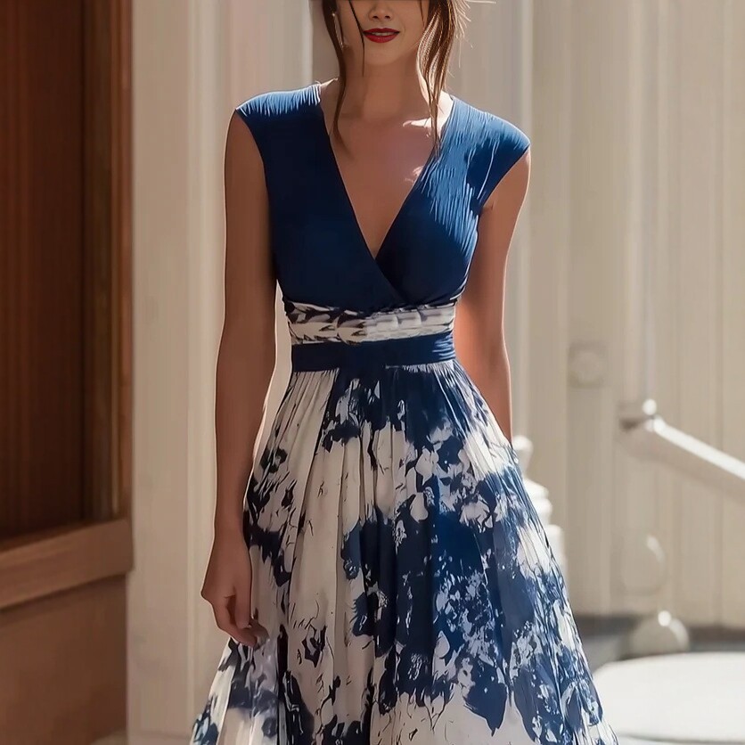 Sleeveless V-Neck Blue and White Porcelain Print Midi Dress