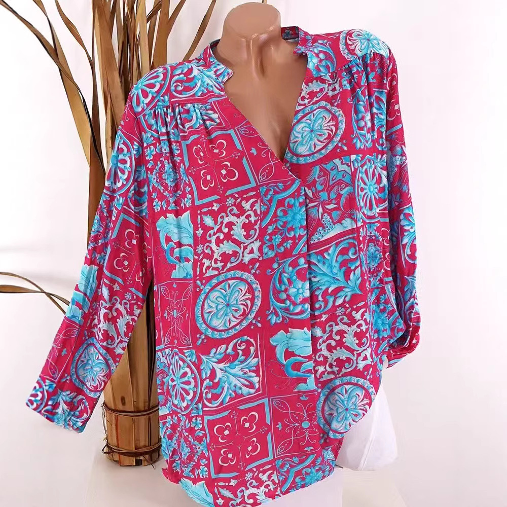 Women's Casual Printed V-Neck Long Sleeve Shirt Top