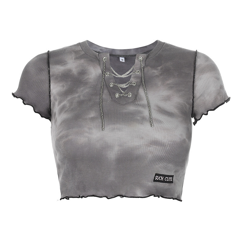 Sexy Tie-Dye V-Neck Chain Fitted Short-Sleeve Top