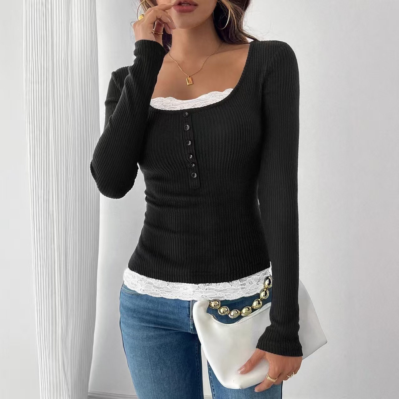 Slim-Fit Square Neck Lace-Trim Button-Front Long-Sleeve Knit Top