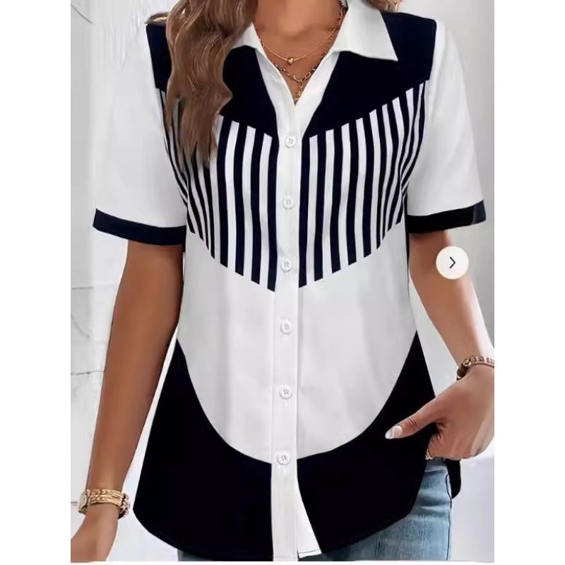 Striped Print Button-Front Short-Sleeve Shirt