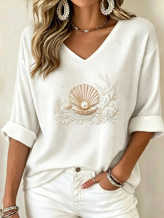 Women's V-Neck Half-Sleeve T-Shirt with Ocean Life Print
