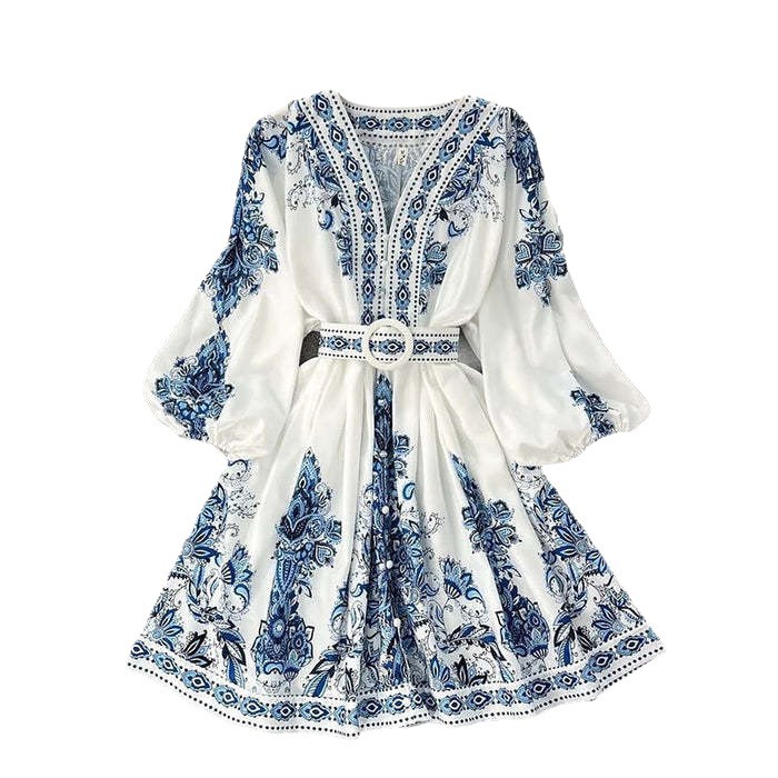 Women's V-Neck Long Sleeve Bohemian Print Dress