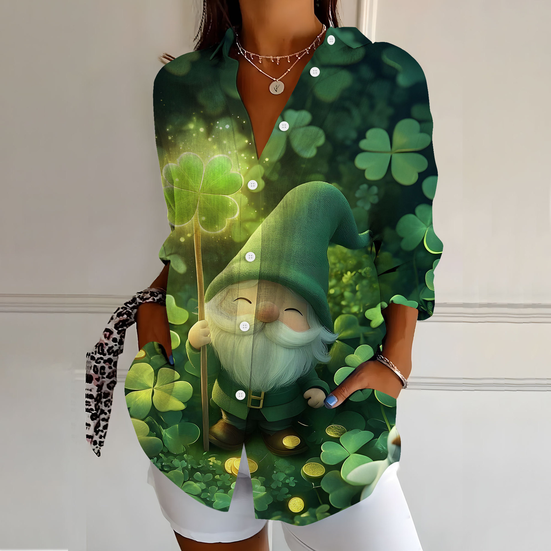 Women's Clover Rainbow Print Long Sleeve Button-Front Shirt