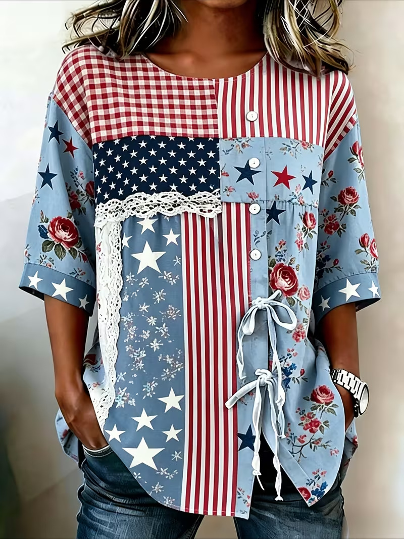 Women's American Flag Floral Print Half-Sleeve Tie Shirt