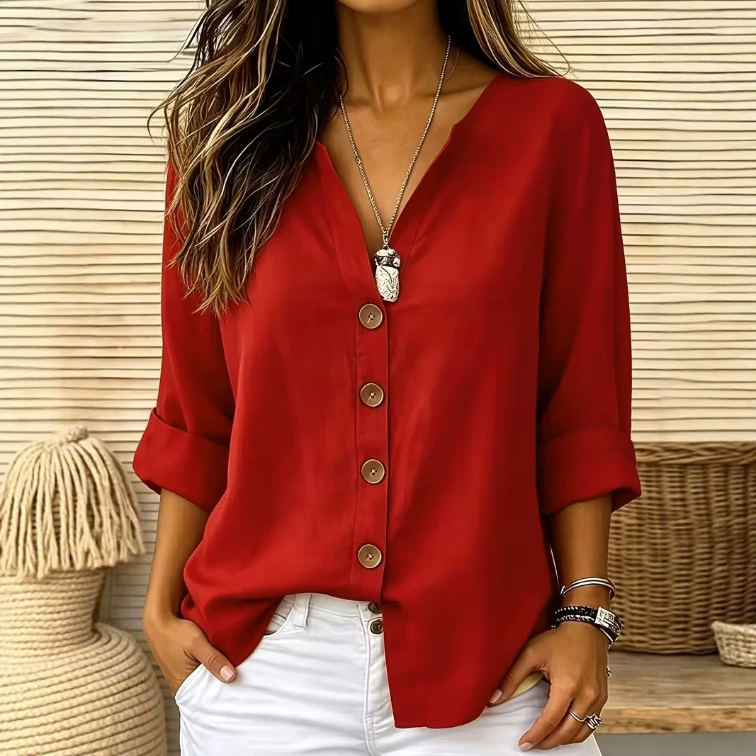 Women's Retro Button Print Half-Sleeve Blouse