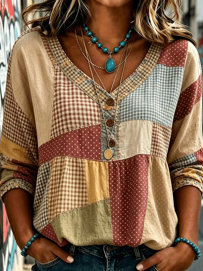 Women's Unique Print V-Neck Button Long-Sleeve Shirt