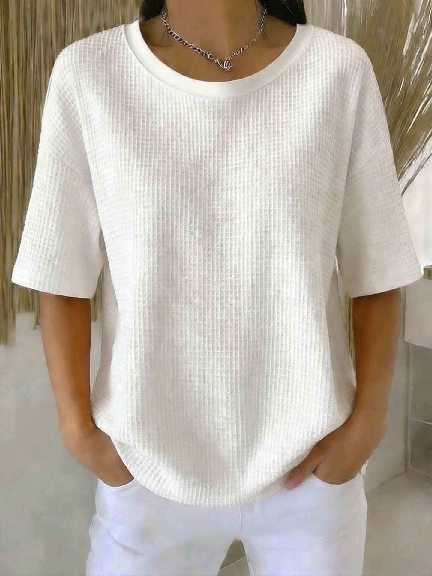 Women's Summer Waffle Knit Crewneck Short Sleeve Top