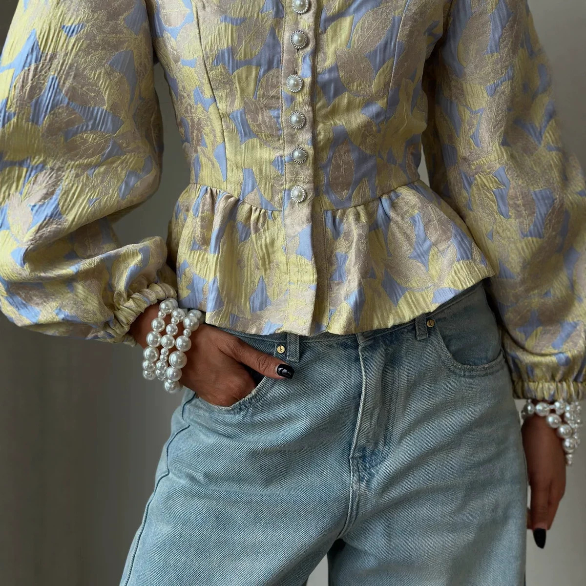 Square Neck Long Sleeve Button Print Waist-Defining Blouse