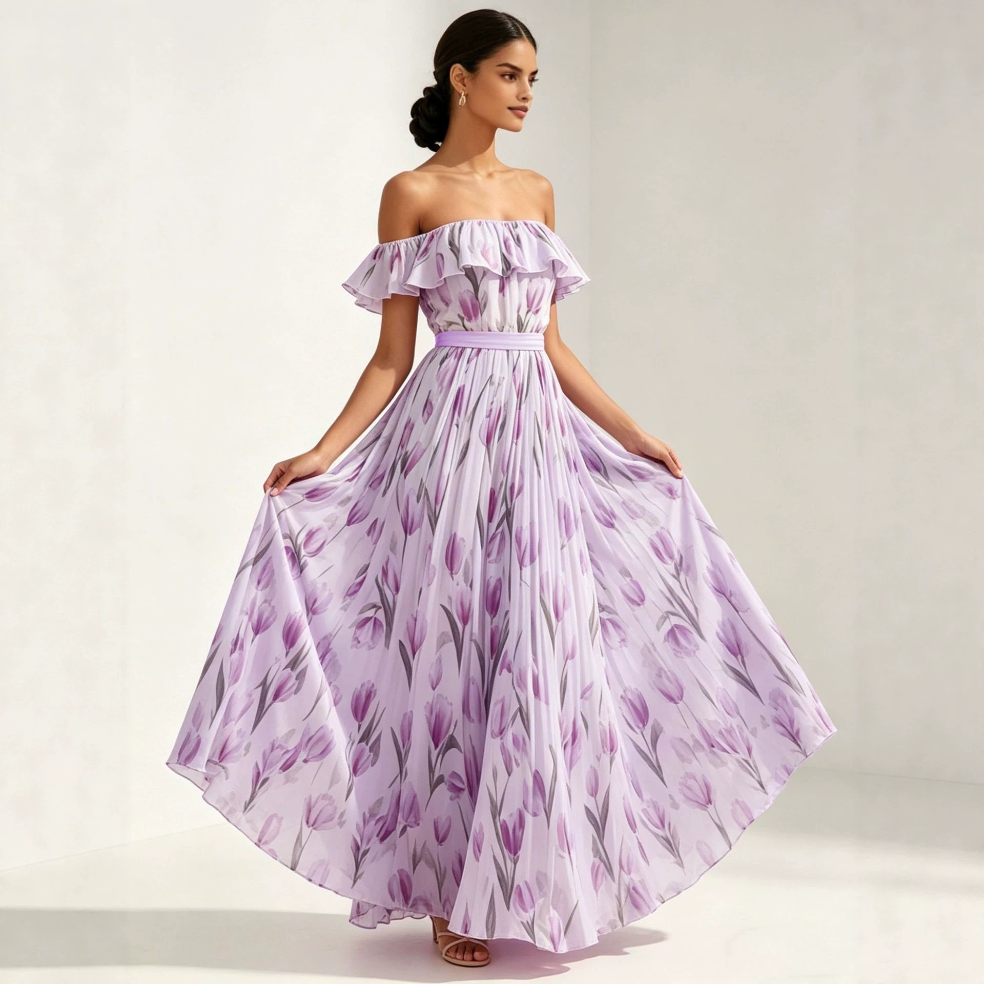 Floral Print Off-Shoulder High-Waist Maxi Dress