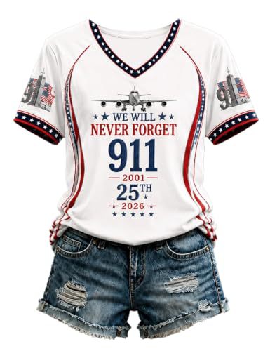 Women's V-Neck Short Sleeve T-Shirt with Airplane Twin Towers Print