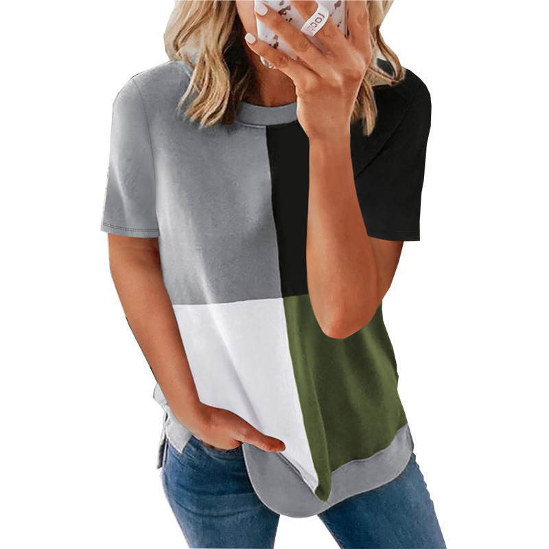 Women's Colorblock Crewneck Short Sleeve Top Casual Loose Fit