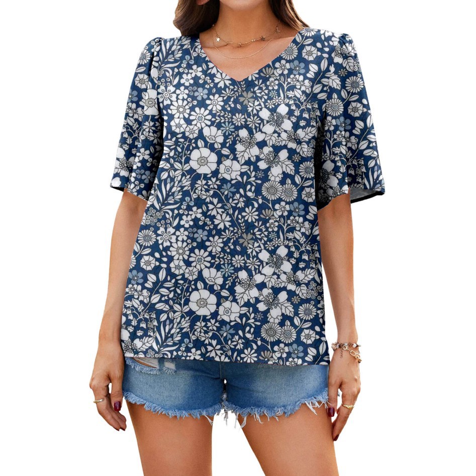 Women's Loose V-Neck Ruffle Sleeve Casual Top