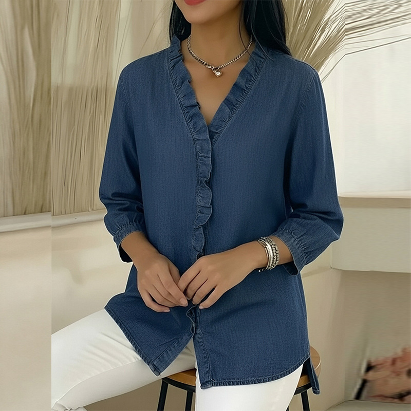 Elegant Solid Color Lantern Sleeve Lace Mesh Blouse