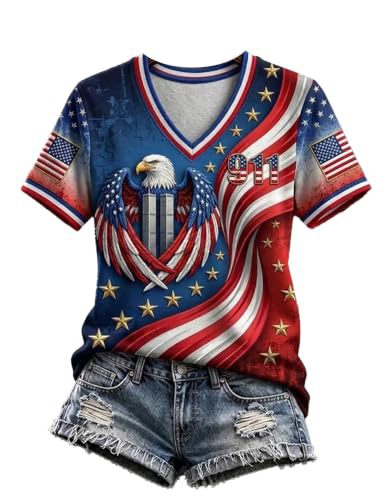 Eagle & Twin Towers Print V-Neck Short Sleeve Women's T-Shirt