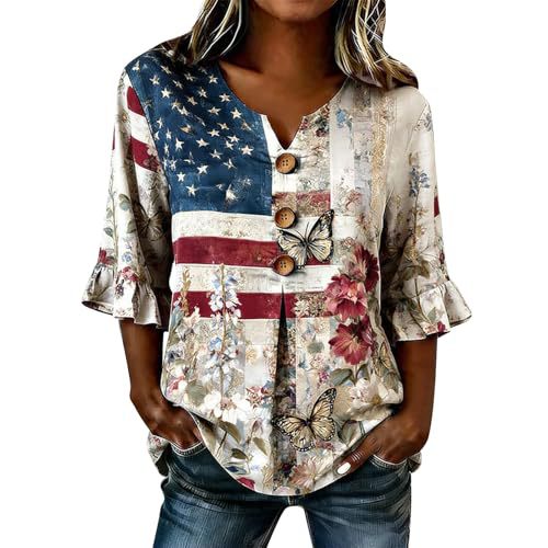 Women's American Flag Print Short Sleeve Button-Up Shirt