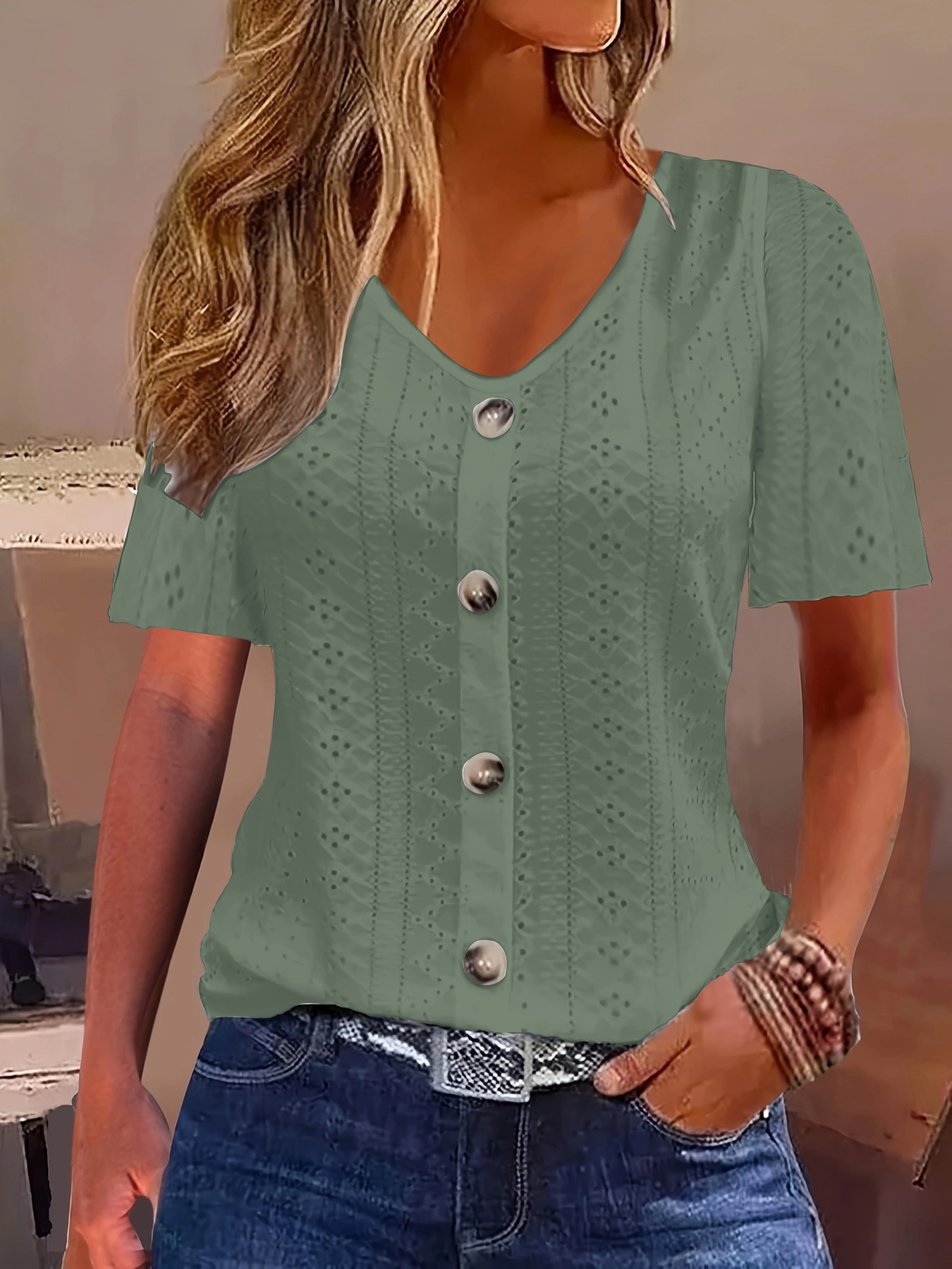 Women's Summer Short Sleeve Button-Down Shirt with Print