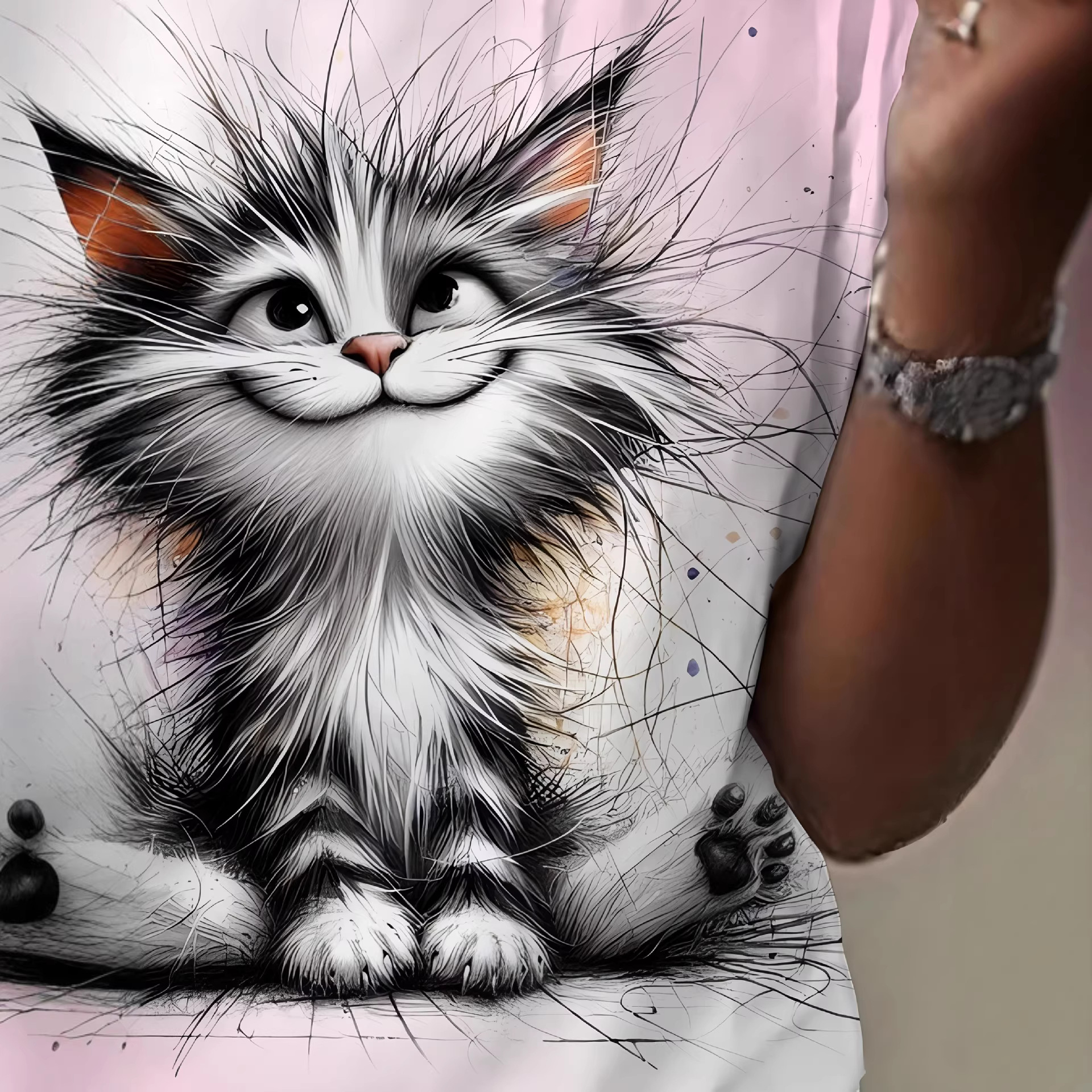 Fluffy Cat Print Crewneck Short-Sleeve T-Shirt for Women