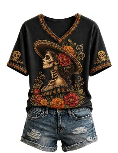 Skull Print Short Sleeve V-Neck Top for Women