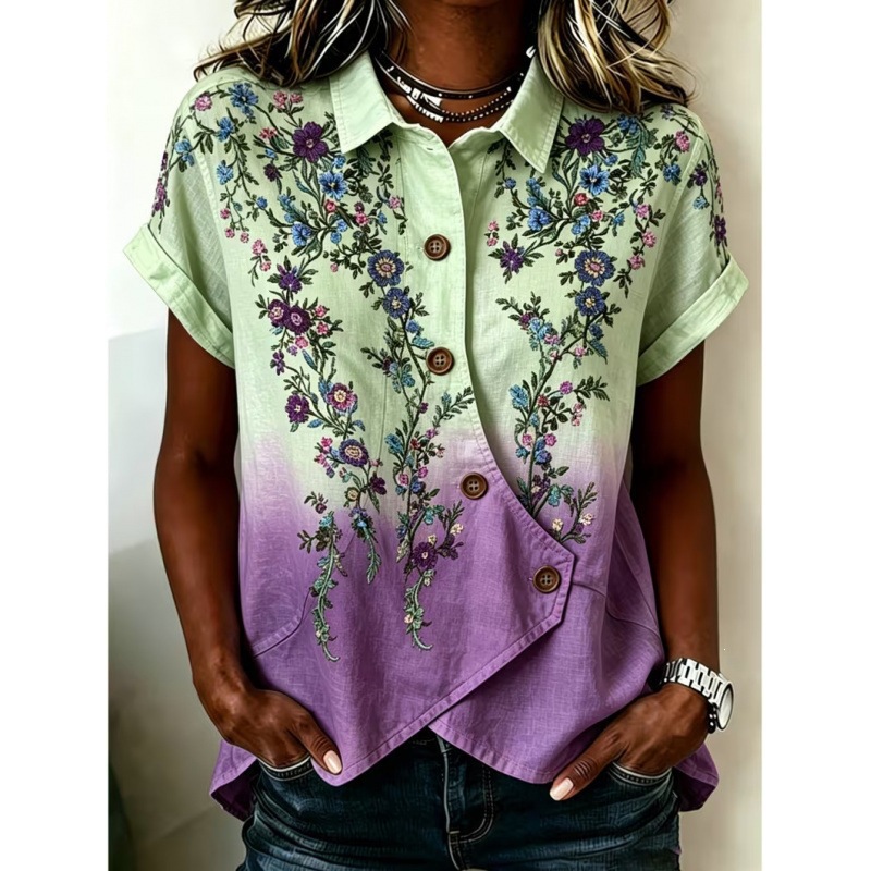 Women's Floral Print Asymmetric Short Sleeve Blouse