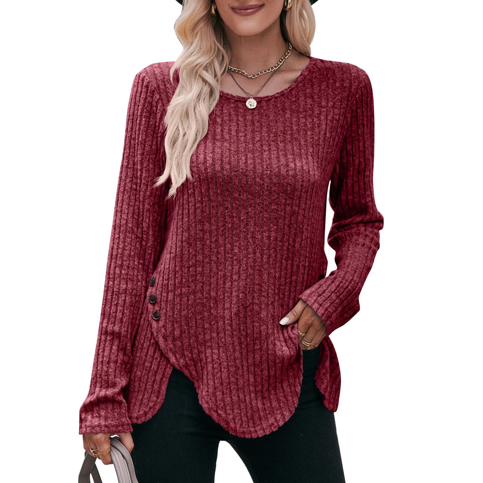 Women's Ribbed Brushed Crewneck Long-Sleeve Button T-Shirt