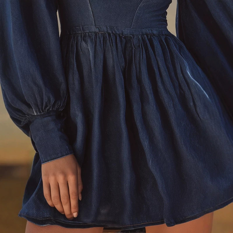 Retro Western Square-Neck Puff-Sleeve Fitted Denim Dress