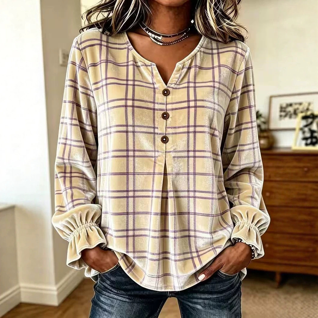 Women's Plaid Print Velvet Long Sleeve Shirt