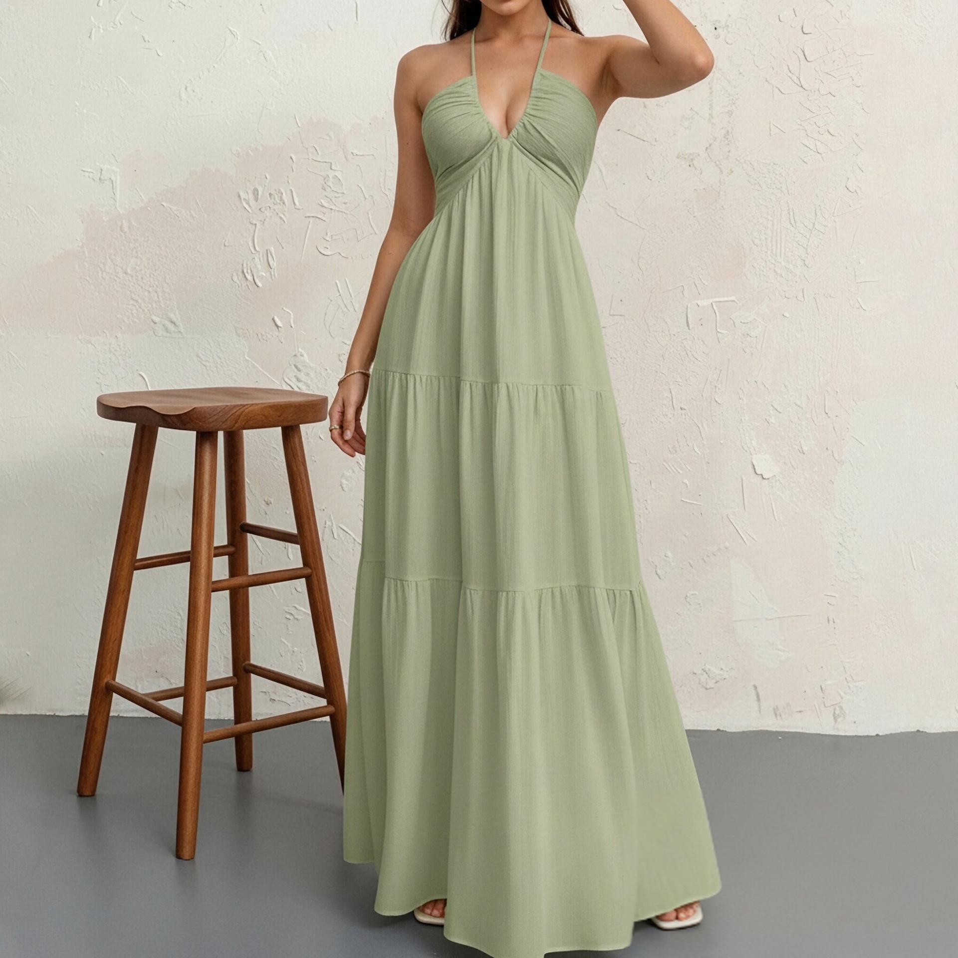 Sexy Halter Deep V Backless Tie Vacation Maxi Dress