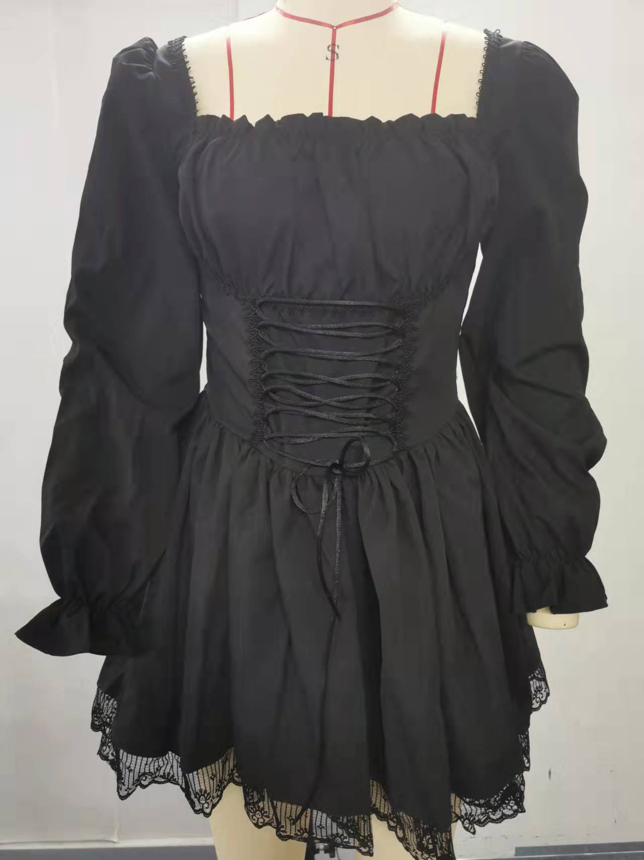 Lace Trim Solid Color Sweet Puff Sleeve Princess Dress