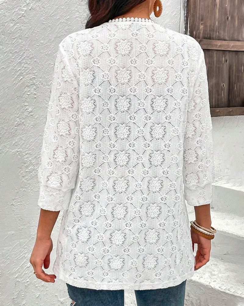 Women's Open-Front Lace-Trim 3/4 Sleeve Blouse