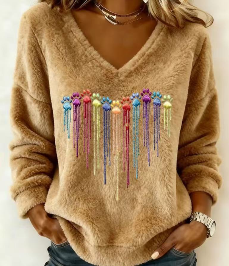 Women's V-Neck Long Sleeve T-Shirt with Paw Print Oil Painting Design
