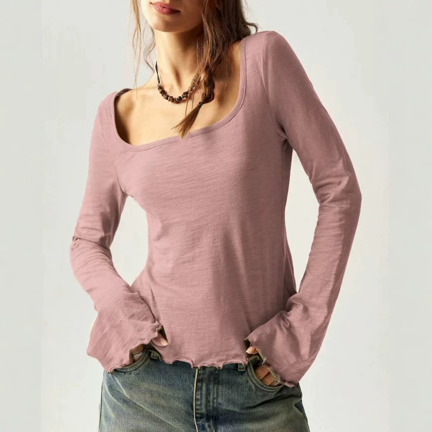 Bohemian Solid Knit Square Neck Flare Sleeve Slim Fit T-Shirt