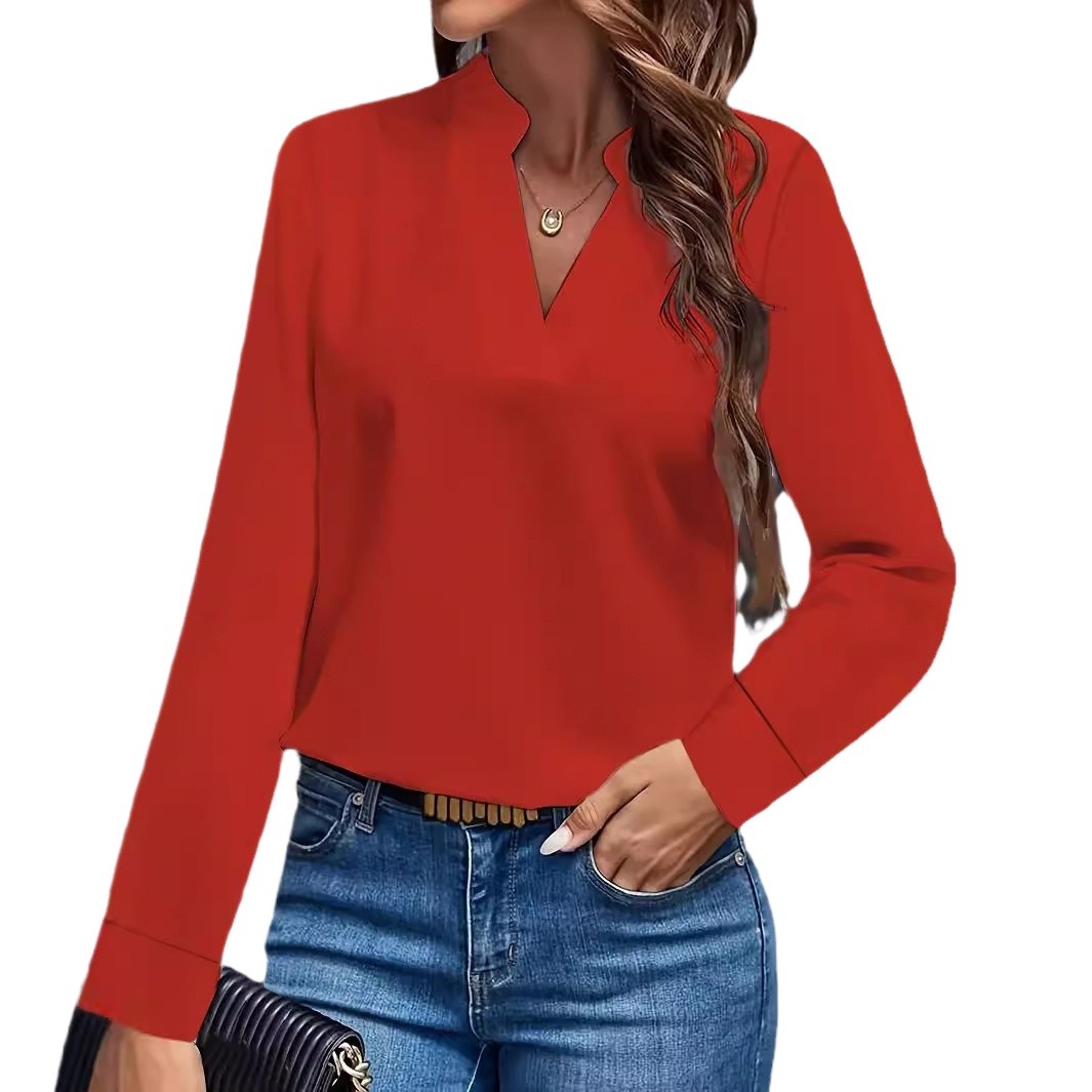 Women's Solid V-Neck Loose Casual Shirt Top