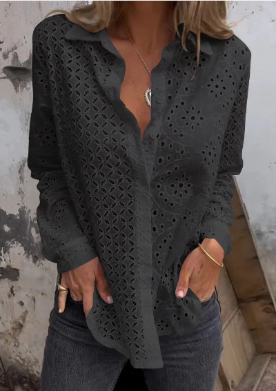 Women's Hollow Out Print Loose Button Down Shirt