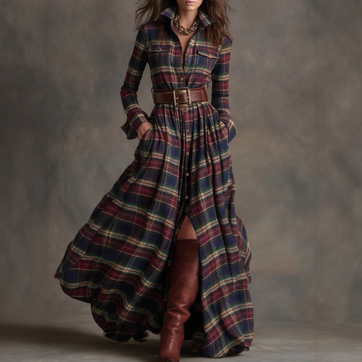 Vintage Plaid Long Dress with Polo Collar